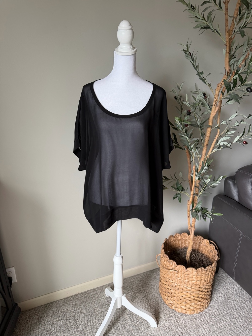 Eileen Fisher Silk Black Sheer Scoop Neck Blouse
